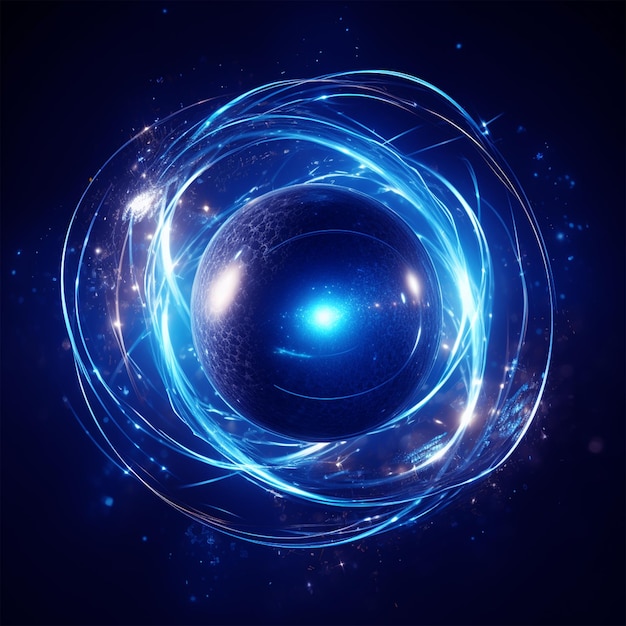 Glowing space sphere orbits blue abstract galaxy