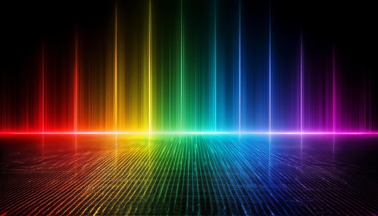 Photo glowing spectrum rainbow light gradient with reflective floor on black dark background