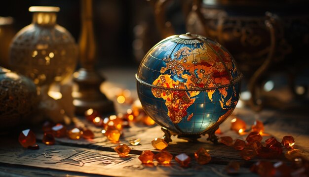 Photo glowing sphere illuminates old world map on wooden table generated by artificial intelligence