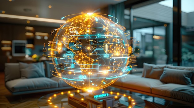 A glowing sphere with a globe on it is displayed in a living room