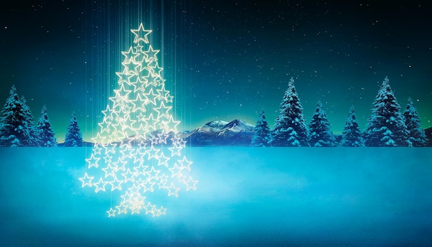 Glowing star shape beautiful decorated christmas tree in winter landscape . Christmas background .