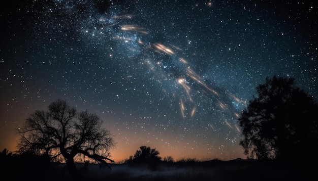 Glowing star trail illuminates Milky Way galaxy generated by AI