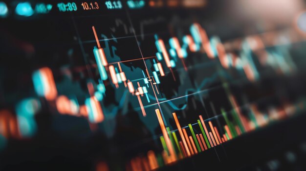 Photo a glowing stock market chart with green and red candlesticks the chart is in the background and there is a glowing circuit board in the foreground