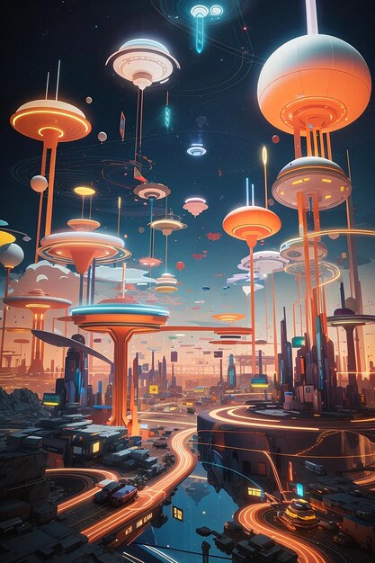 Glowing structures hovering vehicles create surreal futaristic and dreemy planet landscape