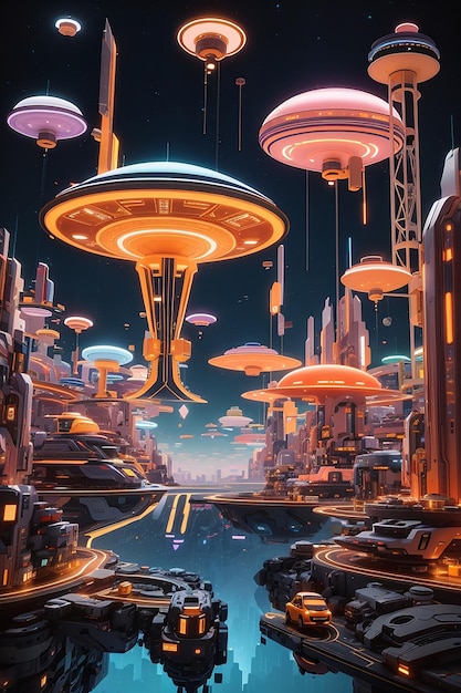 Glowing Structures Hovering Vehicles Create Surreal futaristic and dreemy planet Landscape