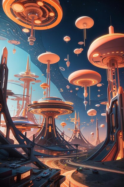 Glowing Structures Hovering Vehicles Create Surreal futaristic and dreemy planet Landscape