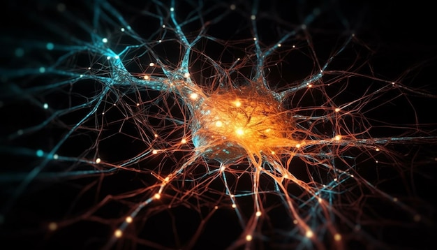 Glowing synapses connect nerve cells in the human brain communication generated by artificial intelligence