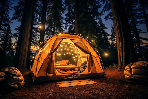 Glowing tent nestled in a pine forest