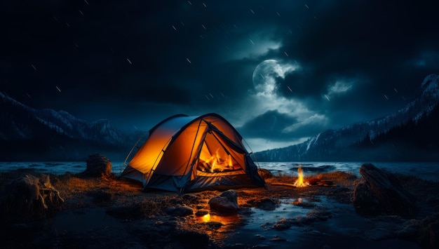 前景に暖かいキャンプファイヤーがあり、夜に輝くテント 前景にキャンプファイヤーがあり、夜にライトアップされるテント
