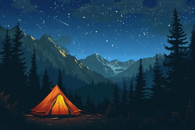 A glowing tent under a starry night sky in the mountain wilderness