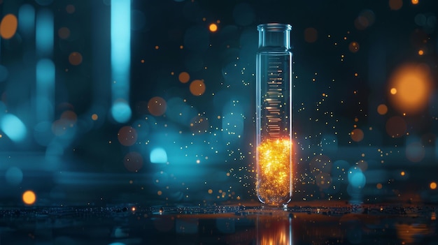 A glowing test tube with a golden substance illuminated in a dark laboratory setting representing scientific research chemical analysis and the quest for knowledge