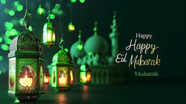 glowing text Happy Eid Mubarak Written in green islamic background