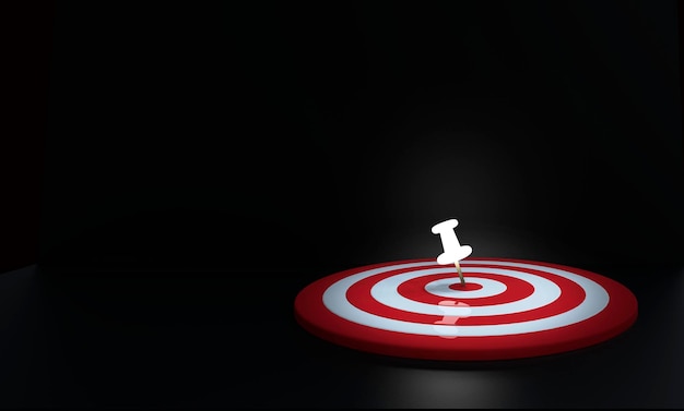 Glowing thumbtack placed in the target on dark background Business target concept3D render