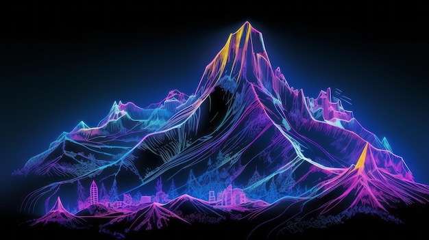 Photo glowing topographic large mountains mountains and hills in neon light