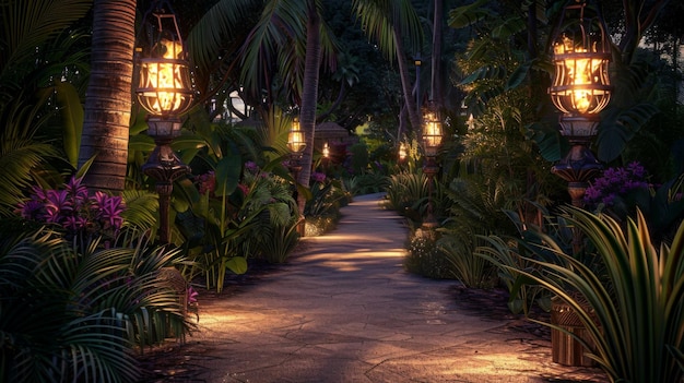 Glowing torches lighting a pathway through a tropical garden casting a warm and welcoming light for evening strolls in paradise