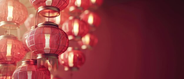 Glowing Traditional Chinese Lanterns on Red Background