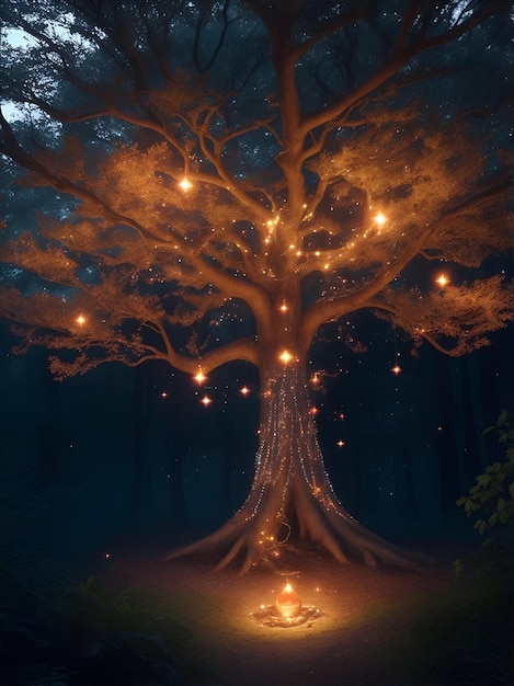 A glowing tree at night