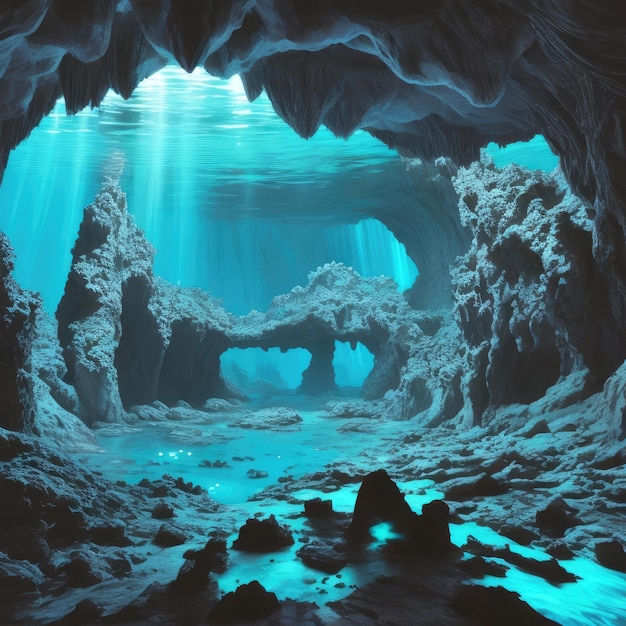 glowing underwater cave with bioluminescence