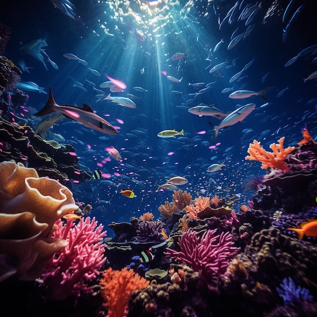 Glowing Underwater Enchanting Ocean Scene with Little Fish and Whales