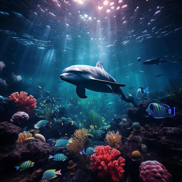 Glowing Underwater Enchanting Ocean Scene with Little Fish and Whales