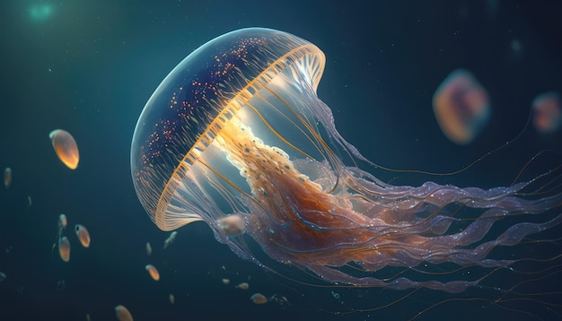 Glowing underwater jellyfish marine wallpaper with tentacles generative ai