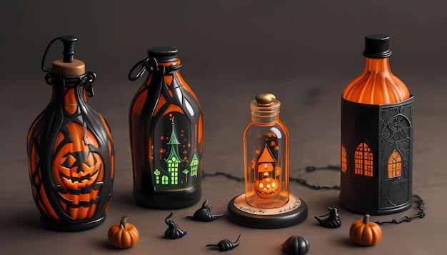 Glowing Urban Enigma HD Bottle's Mini Halloween City with Strange Creatures Wallpaper