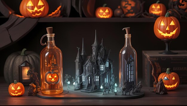 Glowing urban enigma hd bottle's mini halloween city with strange creatures wallpaper