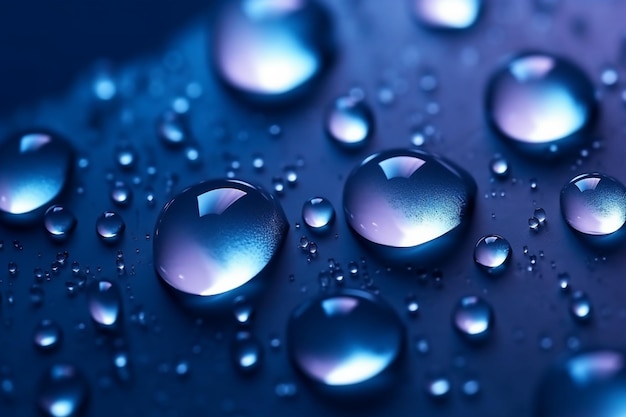 Фото Светящиеся капли воды на темно-синем холсте с градиентом и бликами