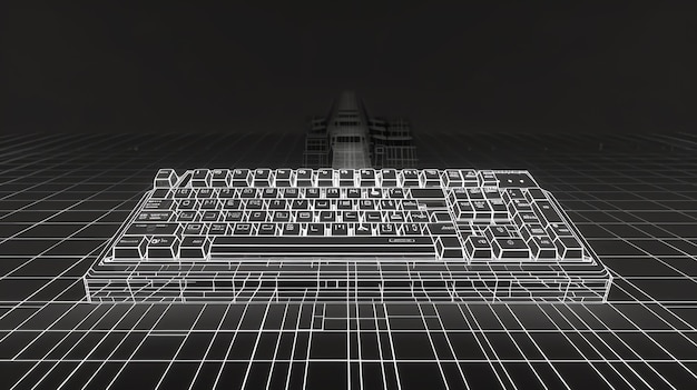 Photo glowing white keyboard on dark background 3d illustration of a computer keyboard with a glowing white outline