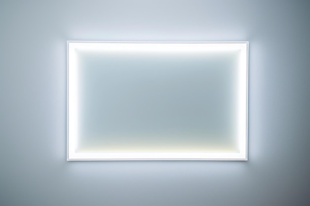 Photo a glowing white rectangle frame on a wall in a minimalist white room