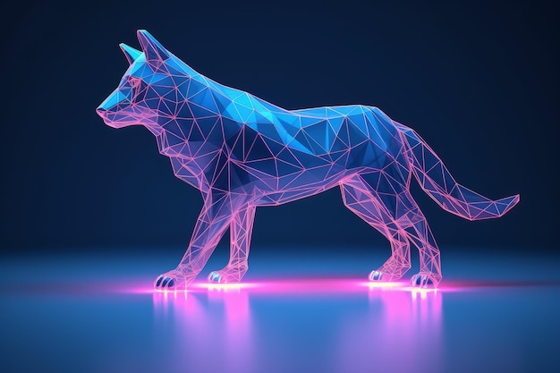 A glowing wolf is standing in a dark room.