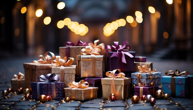 A glowing wrapped gift box illuminates the dark winter night generated by artificial intelligence