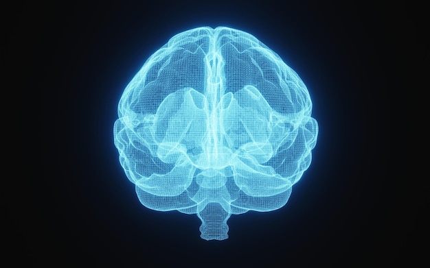 Glowing Xray image of human brain in blue wireframe on isolated black background Science and medical concept In front of brain 3D illustration rendering