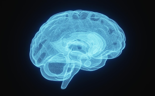 Glowing Xray image of human brain in blue wireframe on isolated black background Science and medical concept Side of brain 3D illustration rendering