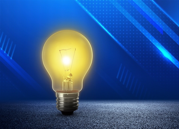 Glowing yellow light bulb  Outstanding gold light bulb on blue background