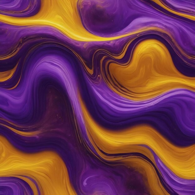 Glowing yellow waves and curls on purple background abstract marble background or texture