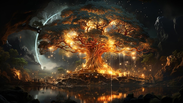 Glowing Yggdrasil Tree of Life Norse Mythology Mythical Ancient Legend Sacred World Tree No