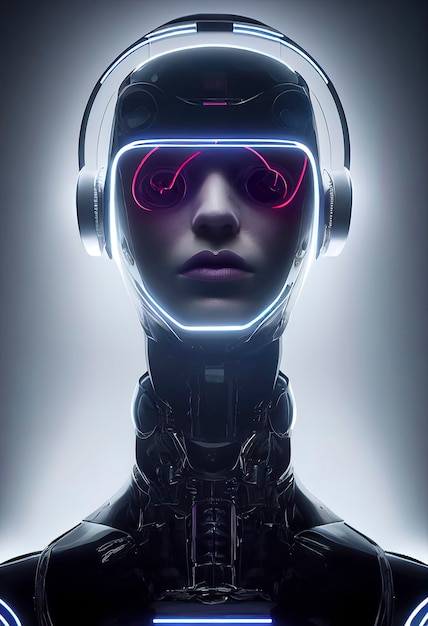 Glowingeyed cyberpunk robot listening to music with headphones