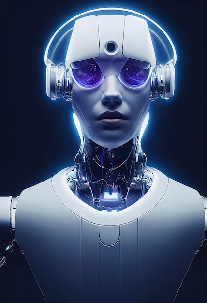 Glowingeyed cyberpunk robot listening to music with headphones