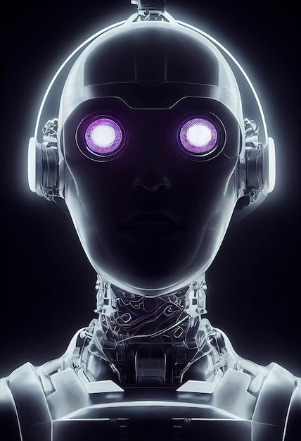 Glowingeyed cyberpunk robot listening to music with headphones