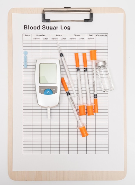 Glucometer 및 흰색 배경에 인슐린 주사기 채혈 장치 테스터 스트립