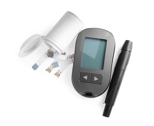 Glucometer lancet pen and bottle with strips on white background top view Diabetes testing kit