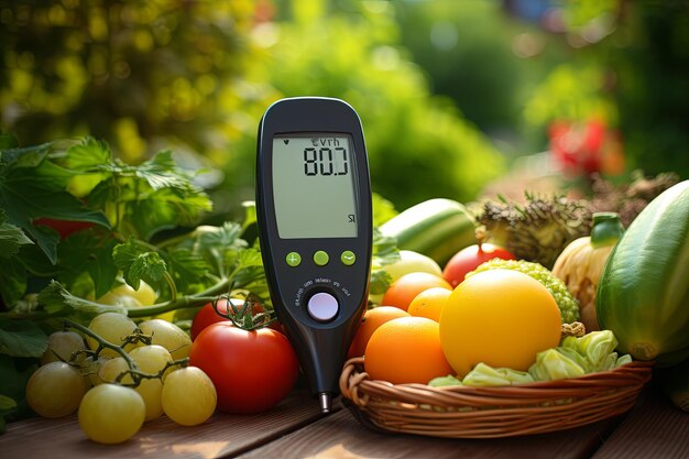 Glucometer with result of measurement sugar level and fresh organic vegetables background Healthy food eating concept