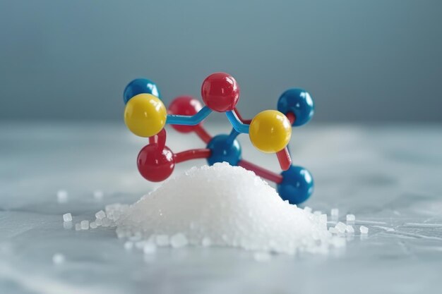 Foto glucose-molecuul en witte suikerhoop met chemische formule