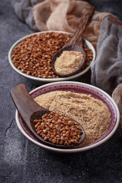 Gluten free buckwheat flour. Selective focus