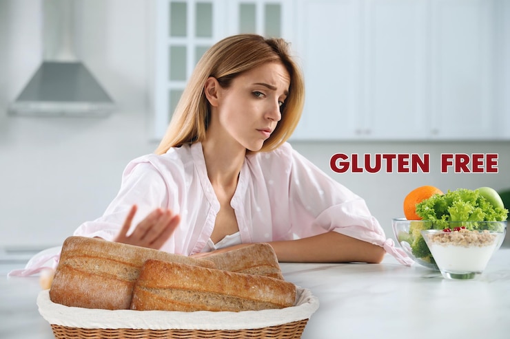 Gluten free diet Woman refusing from ciabattas in kitchen