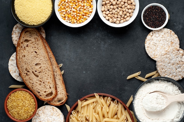 Gluten-free food on a dark table