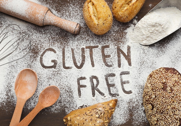 Gluten free pastry. Various bread and flour, top view