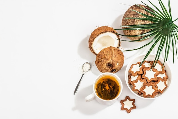 Glutenfree and lactosefree coconut cookies Homemade healthy pastries green tea sunny morning