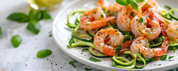 Безглютеновые креветки Scampi с лапшами Zucchini Концепция презентации Рецепт кулинарной презентации лапши Zucchini